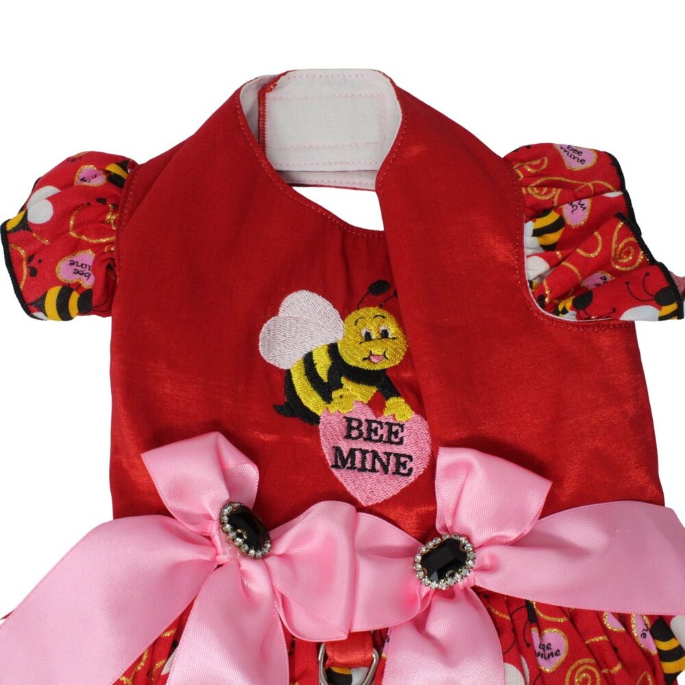 Handmade Valentine's Designer Small Doggie Bee Mine Embellished Dress Red Pink - Picture 3 of 5